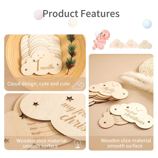 English & Spanish Wooden Baby Milestone Number Month Memorial Cards: Cute Cloud Shape Newborn Photography Props and Accessories