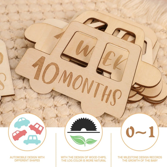 Car-Shaped Wooden Baby Milestone Cards Set: 15pcs Birth and Growth Record Cards for Handmade Newborn Gifts and Photography Props